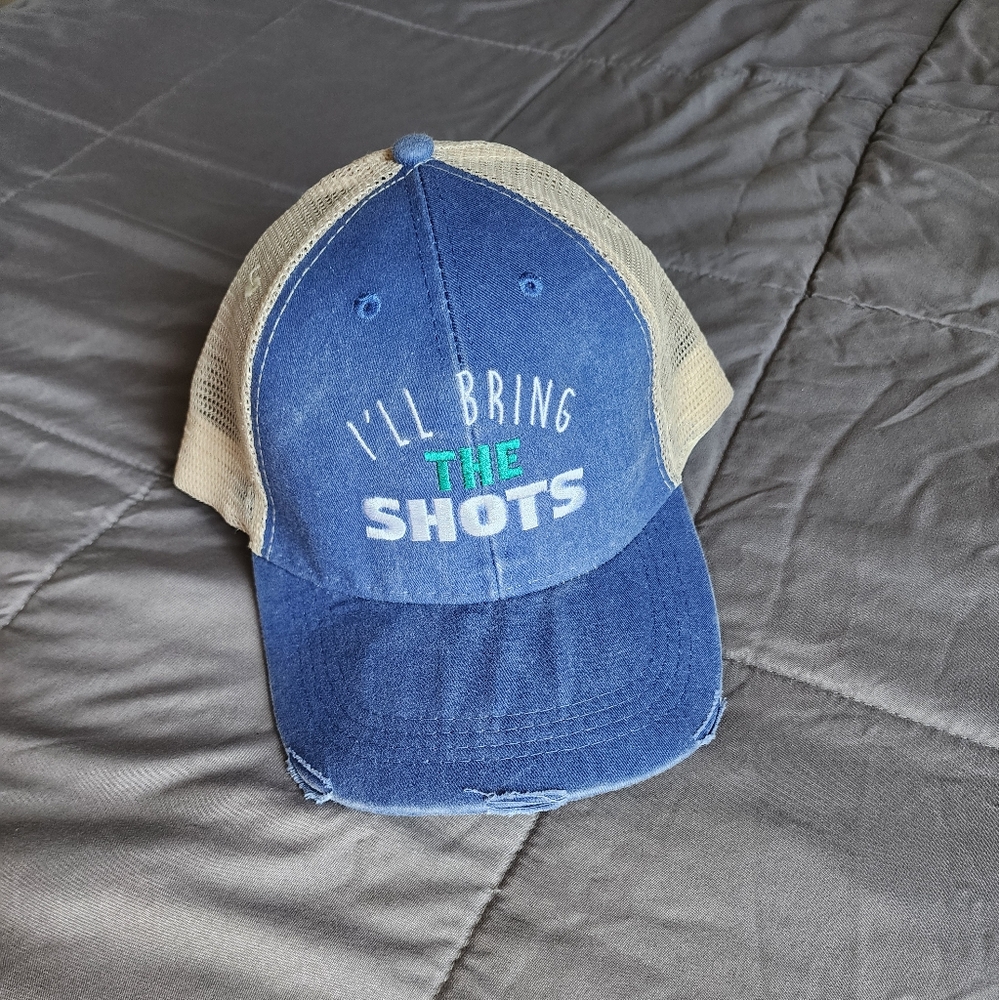 Blue and Beige Trucker Hat with Embroidery